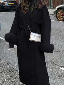 Women's New Elegant Tie-Up Faux Fur Sleeve Jacket, High-End Wool-Like Fabric, Belted Long Coat, Slimming, Kimono Style, Autumn/Winter - Black - View 5