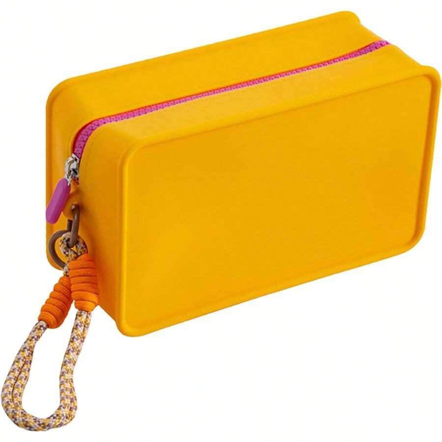 Macaron Style Silicone Travel Makeup Cosmetic Toiletry BagWaterproof Portable Organizer Pouch With Zipper Braided Lanyard Keychain Women Girls' Gym Wash Bag Purse Stores Makeup Brush And Nail Polish - Yellow - View 1