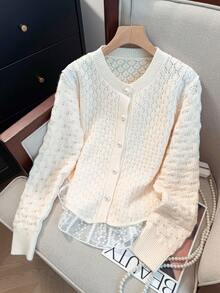 JIANHU Spring New Faux Pearl Button Hollow Knitted Cardigan, Fashionable Lace Splice Hem Design, Sweet And Elegant Long Sleeve Sweater Jacket