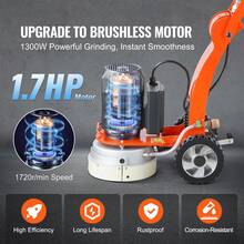 Electric Concrete Floor Grinder 10" Walk-Behind Grinder 1.7HP Concrete Floor Polisher, 1300W Grinding Machine, 1720RPM Upgrade Brushless Motor Surfacing Grinder For Granite/Marble/Stones - 10" - View 2
