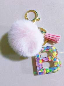 1 件字母首字母钥匙扣可爱毛绒绒球钥匙链环包背包饰品汽车挂件女士女孩礼物，可爱亮片树脂钥匙扣，钱包和手提包配件，带流苏的钥匙扣，字母首字母 A-Y 学校 - 粉色 - 查看 24