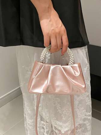 Pearl Handbag, Pleated Shoulder Bag, Cloud Shaped Clutch Bag For Evening Party