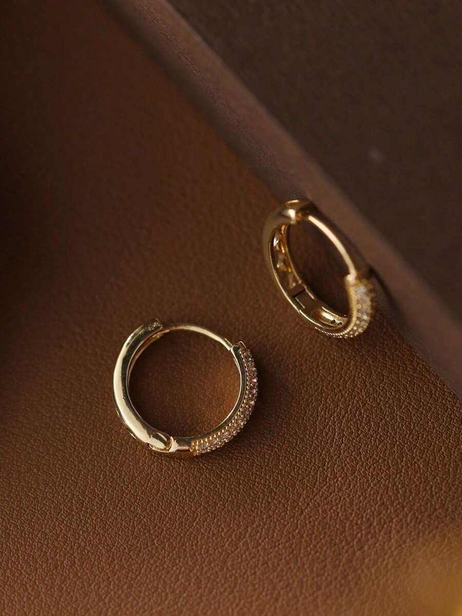 一对欧美经典百搭时尚镀金铜耳环，镶嵌微镶锆石圆形耳环，优雅奢华女士耳环 - 彩色 - 查看 1