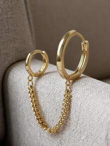 1 قطعة أقراط حلقية مربوطة بسلسلة شرابة فريدة بتصميم بسيط، مجوهرات مناسبة للنساء والفتيات، هدية عيد، للارتداء اليومي - الذهبي - مشاهدة 4
