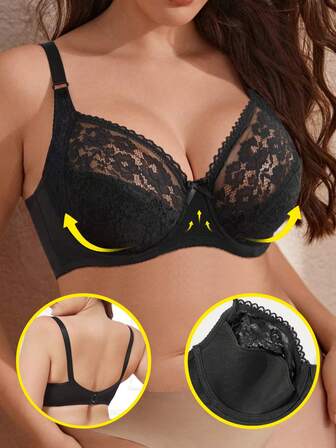 大码女士薄泡沫垫蕾丝透明钢圈文胸，浪漫法式优雅内衣
