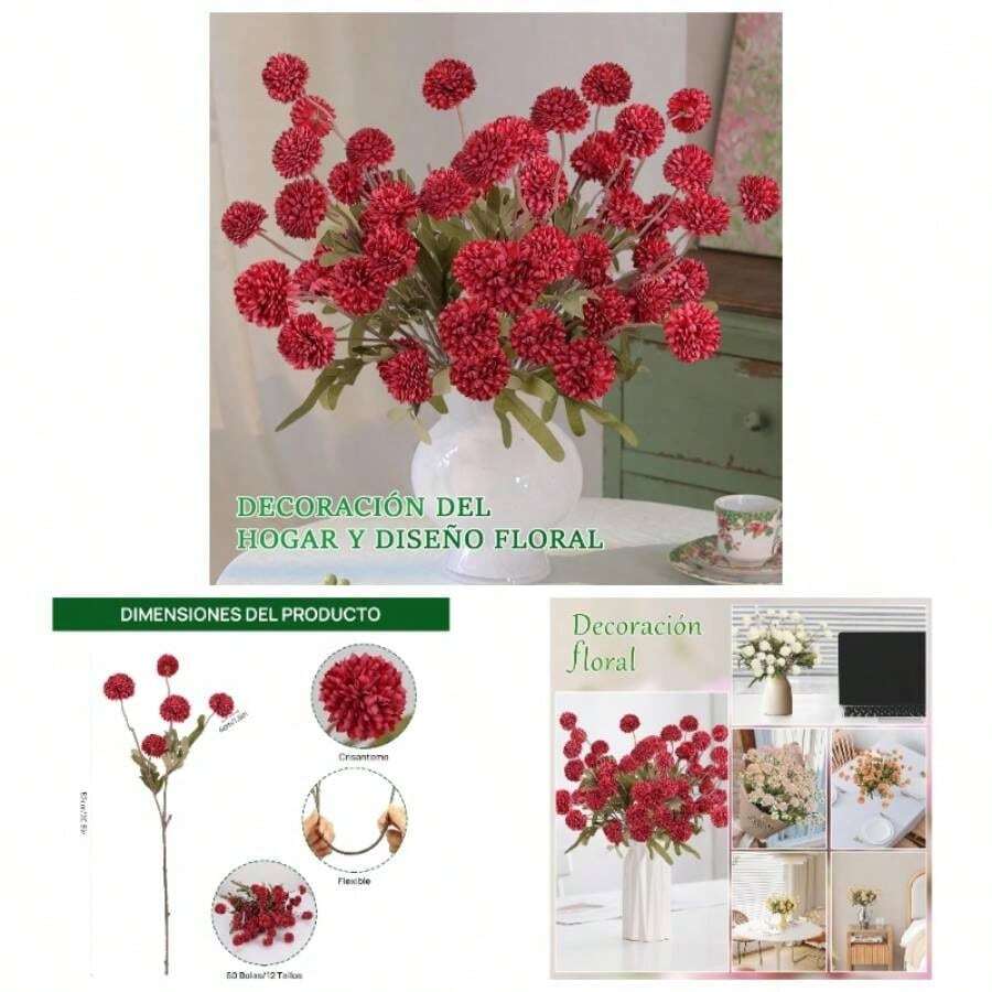 12 Pcs Flores Artificiales de Seda para jarrones, crisantemos Falsos de Tallo Largo, arreglos Florales con Pompones de crisantemo, Flores Artificiales Kiku a Granel 12, Rojo Brillante - 12 + Rojo brillante - Ver 1