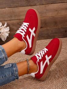 Women's Casual Criss-Cross Lace-Up Flat Athletic Sneakers, Classic German-Inspired Design - Red - View 5