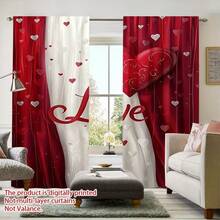 2PCS 2D Flat Printed Romantic Red And White Heart-Shaped Curtains, Suitable For Bedrooms, Offices, Kitchens, Living Rooms, And Study Rooms, Home Decoration, And Room Decoration (Excluding Poles),160gsm