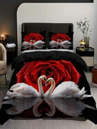 3pcs Light Luxury Red Rose Swan Design Print Duvet Cover Set (1*Duvet Cover + 2*Pillowcases, Without Core), Valentine's Day Theme, Sweet Atmosphere, Soothing Visual Fatigue, Suitable For Home, Bedroom And Guest Room Use