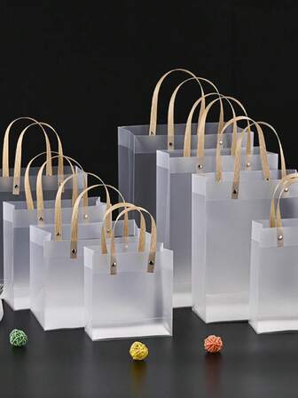 10pcs Valentine's Day Transparent Gift Bags, Christmas Gift Wrapping Bags, Transparent Frosted Handle Bags With Wrist Strap, Suitable For Jewelry, Cosmetics Storage, Perfect Gift Bags For Valentine's Day, Wedding, Thanksgiving, Shopping, Party, Craft Tote Bags, Moon Festival, Banquet Souvenirs, Small Business Giveaway Bags Valentine Day