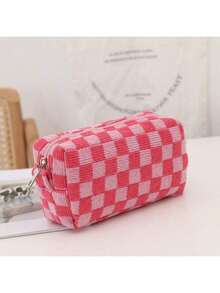 1PC Large Capacity Checkerboard Knitted Pencil Case - Korean Style Dual-Use Stationery/Makeup Bag (Black/Blue/Pink) - Multicolor - View 11