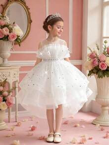 Young Girls' Elegant Pearl Rhinestone Sequin Tulle Trailing Wedding Flower Girl Dress, Suitable For Birthday Party, Graduation, Holiday Celebration, Does Not Include Headband - White - View 5