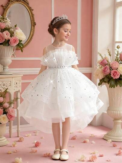 Young Girls' Sleeveless Faux Pearl & Rhinestone Sequin Mesh Elegant Trailing Wedding Flower Girl Dress, Suitable For Birthday Party, Graduation, Holiday Celebration, Does Not Include Headband