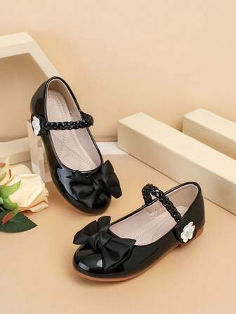 1 Pair Girls' Flat Shoes With Bow Tie, Soft Fabric Lace-Up Design, Casual & Cute, Suitable For All Seasons