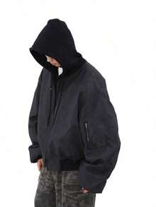 Spring And Autumn New American Fake Two Piece Jacket For Men, Maillard Fake Two Piece Thick Lazy Loose Hooded Jacket - Black - View 3