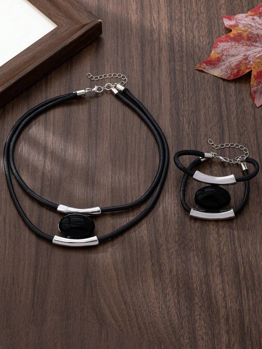 Bộ 2 chiếc/Bộ vòng cổ và vòng tay hình bầu dục hai lớp tối giản giản dị, thích hợp cho trang phục hàng ngày hoặc dự tiệc của phụ nữ - Bạc - Xem 1