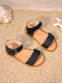 1 Pair Girls' Black Woven Strap Sandals, Synthetic Leather Upper, Soft & Skin-Friendly, Adjustable Strap Design, Open Toe Low-Top Style, Flat, Retro Casual Look, Suitable For Summer Beach Vacation And Daily Wear - Black - View 4