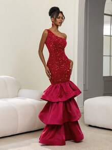 Faeriesty 这款红色时尚女士优雅亮片单肩修身晚礼服，搭配多层荷叶边蓬松裙摆，是婚礼、盛大晚宴、颁奖典礼、正式庆典、新年装扮、情人节派对、春季派对的理想之选。 - 紅色 - 查看 6