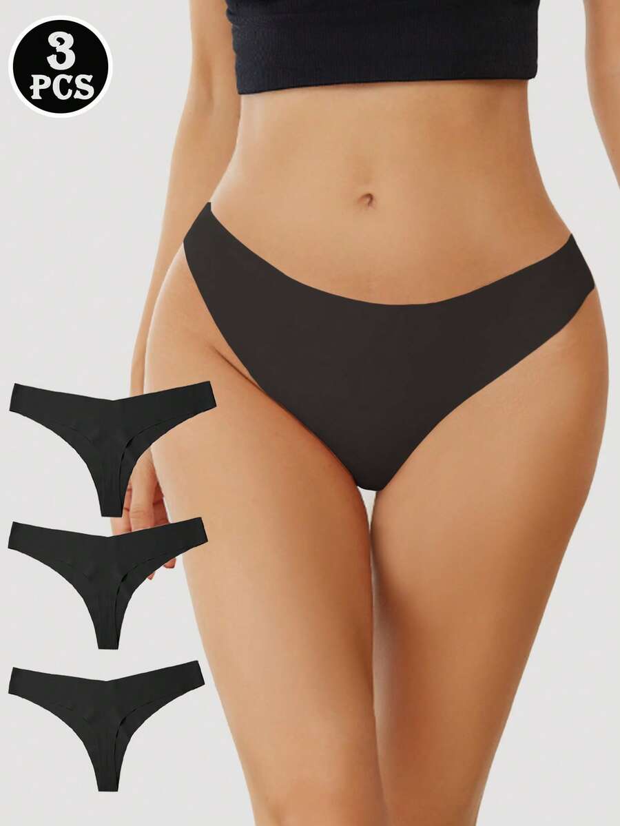 3PCS Women's Solid Panties Seamless Underwear Panties Solid Briefs Mid Rise Sexy V-Cut Waist Comfort Breathable Women's Lingerie Ice Silk Thongs Intimate, Black - Black - View 1