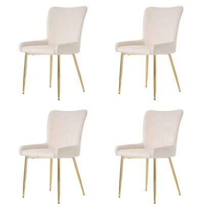 Samt-Esszimmerstuhl, 2er-Set, Luxuriös, Wohnzimmer, Schlafzimmer, Lounge-Stuhl Mit Vier Goldene Metallstützbeinen, Lendenwirbelstütze,Beige