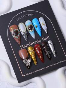 手工制作的Y2K风格多色长尖甲片，饰有3D手工十字蝴蝶镶嵌和手绘爱心图案，用于美甲装饰。包含1片果冻胶和1把指甲锉。非常适合日常佩戴，也适合科切拉音乐节等场合的装扮。美甲产品，包括按压式美甲贴片和美甲护理用品。 - 彩色 - 查看 1