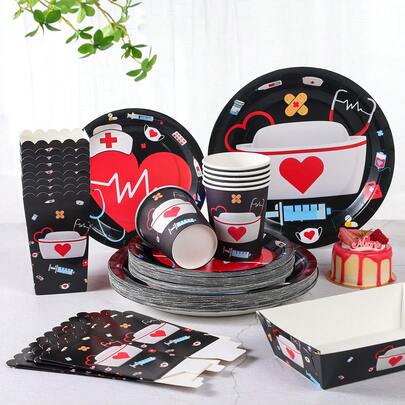 1 Set Disposable Tableware With Nurse Cap Pattern, Includes 7/9 Inch Paper Plates, Paper Cups, Food Boxes, Popcorn Boxes, Suitable For 24 Guests, Suitable For Birthday Parties, Festivals, Gatherings, Celebrations, Wedding Tea Parties, Graduation Ceremonies, Disposable Party Supplies