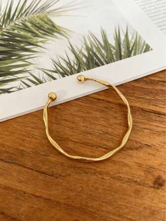 1 件时尚简约弧形设计合金电镀金属手镯，可调节尺寸编织手链适合优雅女士日常佩戴