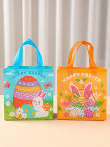 6个装复活节彩蛋寻宝袋，方形无纺布手提袋，印有兔子和彩蛋图案，复活节礼品包装袋，可重复使用带提手的收纳袋，复活节彩蛋寻宝派对用品，复活节快乐装饰，复活节兔子装饰，适用于复活节派对回礼、篮子填充物和装饰品 - 彩色 - 查看 7