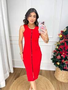 Vestido Midi com Alças Largas, Zíper Frontal e Costura Estruturada  Tecido    Zíper    Vestido Midi  Feriado  Férias  Night - Vermelho - Visão 2