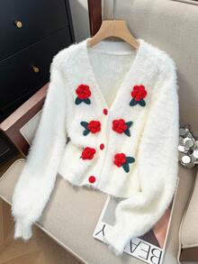 JIANHU Áo len cardigan lông mới mùa xuân dành cho nữ, cổ chữ V, thêu nút cổ điển, áo khoác ngoài thời trang - Đỏ - Xem 2