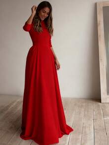 纯色优雅针织面料拉链褶皱婚纱春季 - 紅色 - 查看 3