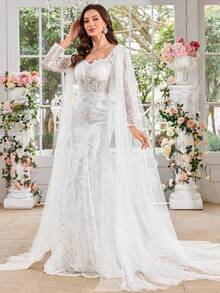 UNITHORSE 女士甜心领大灯笼袖亮片刺绣蕾丝网纱拼接白色鱼尾婚纱礼服，新娘，全白派对服装 - 白色 - 查看 3