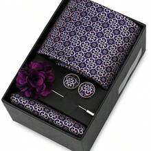 男士正式婚礼领带套装，涤纶面料领带，口袋巾，袖扣，胸针礼盒套装，金色格子图案 - 混色 - 查看 42