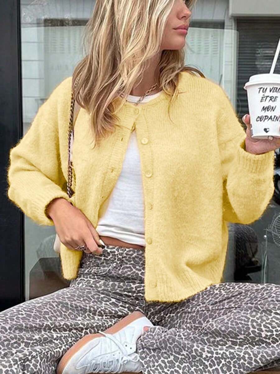 Women's Casual Solid Color Single Breasted Cropped Cardigan, Butter Yellow - Yellow - View 1