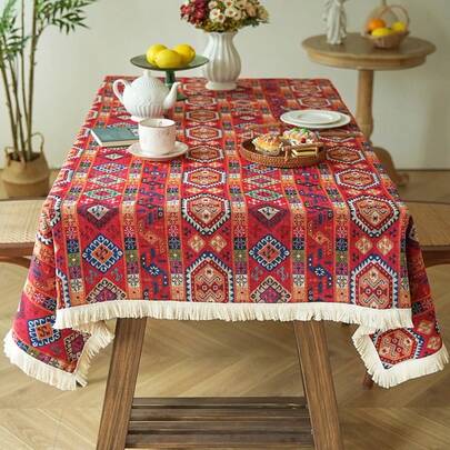 1pc Bohemian Style Red Geometric Jacquard Tablecloth With Natural Tassel, Rectangular Tablecloth For Dining Table, Coffee Table, TV Stand, Entryway, Suitable For Holiday Gatherings, Birthday Parties, Weddings, Dining Room, Living Room, Office, All Seasons