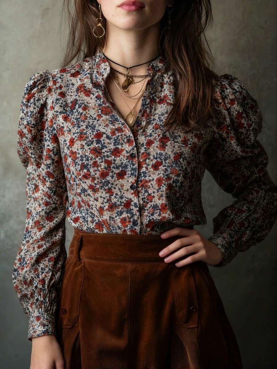 Blusa de poliéster de manga abullonada larga y ajustada con estampado, cuello alto, detalles de botones para vacaciones de primavera - Multicolor - Ver 1