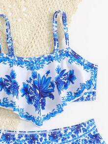 Young Girl Summer Beach Vacation Chinoiserie Print Ruffle Trim Bikini Set - Multicolor - View 3