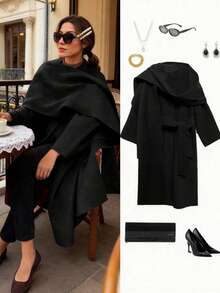 Áo khoác len cổ tròn cổ điển đa năng, tay dài ấm áp, phong cách quý cô thanh lịch, màu đỏ tía, thu/đông - màu đen - Xem 3