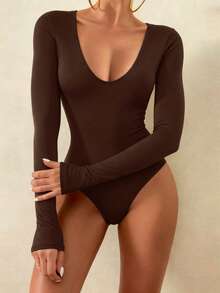 XLLAIS 2026春夏新款性感V领紧身基本款长袖棕色连体衣，日常休闲T恤，优雅百搭 - 深咖色 - 查看 6