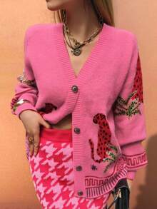 海星秋冬女士时尚休闲通勤草坪帽，豹纹提花长袖圆领琥珀色纽扣针织开衫，修身毛衣，秋季乡村音乐节，红色情人节/中国新年粉色 - 粉色 - 查看 5