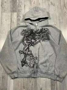 Y2K Skeleton Zipper Hoodie 90s Retro Pattern Printed Zipper Top L Sweatshirt - 5 - 查看 2