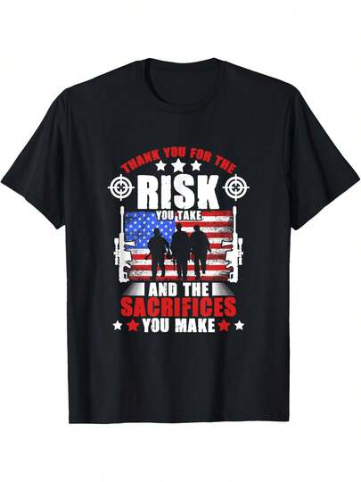 Gracias Camiseta de hombre militar con bandera estadounidense, soldado, conmemoración de veteranos, cuello redondo casual, manga corta, se puede usar en las cuatro estaciones, 220g