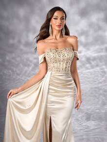 Elegant Women's Open Shoulder Satin Long Formal Dress, Thigh-High Slit, Sequin Decor, Sleeveless Party Dress Wedding Spring - Champagne - View 7