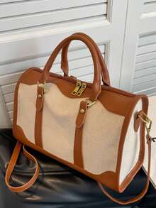 1pc Canvas Color Block Patchwork Fashion Travel Bag, Unisex Travel Luggage Bag, Suitable For Overnight, Commuting, Short Trips (Small Size For Commuting, Large Size For Short Trips) - Brown - View 4