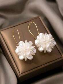Exaggerated Design Long Floral Ball Earrings With White Petals & Geometric Ear Studs, Women's Daily Wear - White - View 1