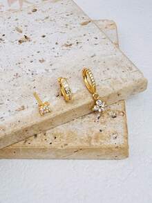 Bộ 3 khuyên tai hoa đá CZ cổ điển, khuyên tai vòng nhỏ mạ vàng 14K, khuyên tai xoắn ốc kiểu cổ điển, khuyên tai nhiều lớp, trang sức xỏ tai, quà tặng, chỉ đeo một bên tai. - Vàng - Xem 4