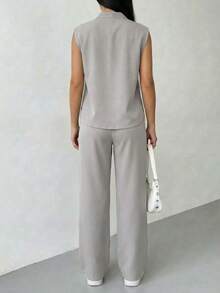 A&DD MODA,REF:Y287 - Women's Solid Color Two-Piece Set, Consisting Of A Sleeveless Vest And Loose-Fitting Trousers, With Upper Body Pockets And Elastic Waistband, Suitable For Daily Outings - Grey - View 2