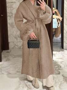 女士新款优雅系带仿毛皮袖外套，高档羊毛质感面料，系带长款大衣，修身显瘦，和服式设计，秋冬款 - 卡其色 - 查看 7