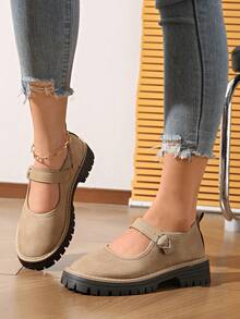Black Mary Jane Casual Shoes For Women, Thick Sole, Non-Slip, Buckle Strap, Chunky Heel, Suitable For Spring & Autumn