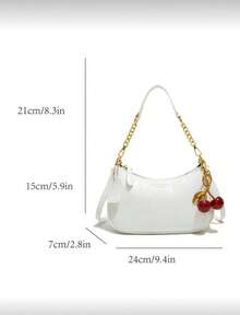 A Shoulder Bag With Fashionable And Classic Letter Patterns And Pearl Cherry Pendant Decoration Design, Solid Color PU Waterproof Fabric Shoulder Bag, Crescent Bag, Armpit Bag, Summer Crescent Bag, Beach Vacation, School Season, Women's Wallet, Perfect For Various Activities Such As Shopping, Going Out, And Daily Use. It Can Also Be Given As A Gift To Friends Or Family - 白色 - 查看 4